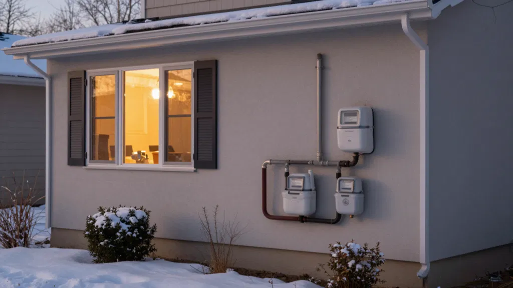 Home exterior in winter showing gas and electric meters