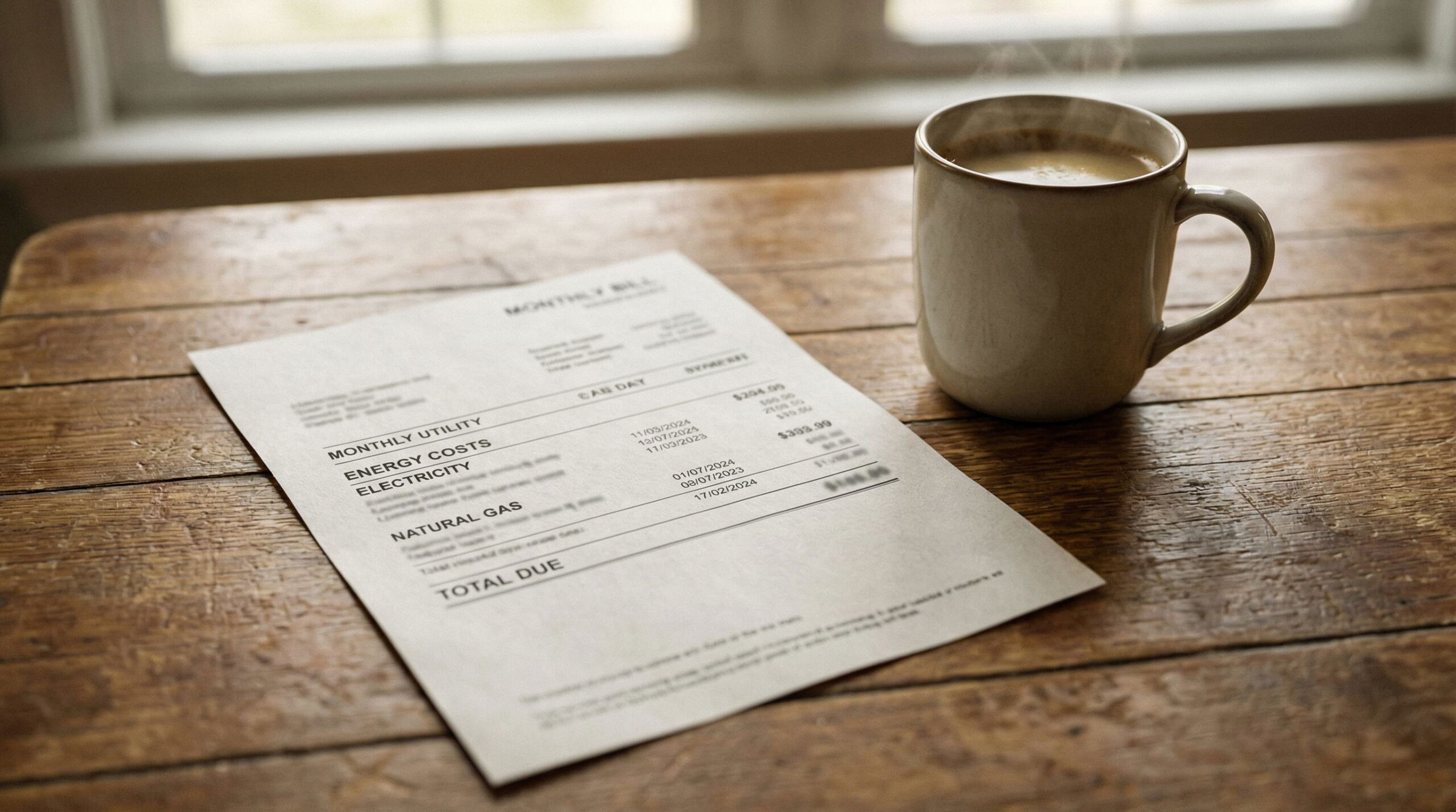 Monthly home energy utility bill on a table representing natural gas vs electric cost comparison