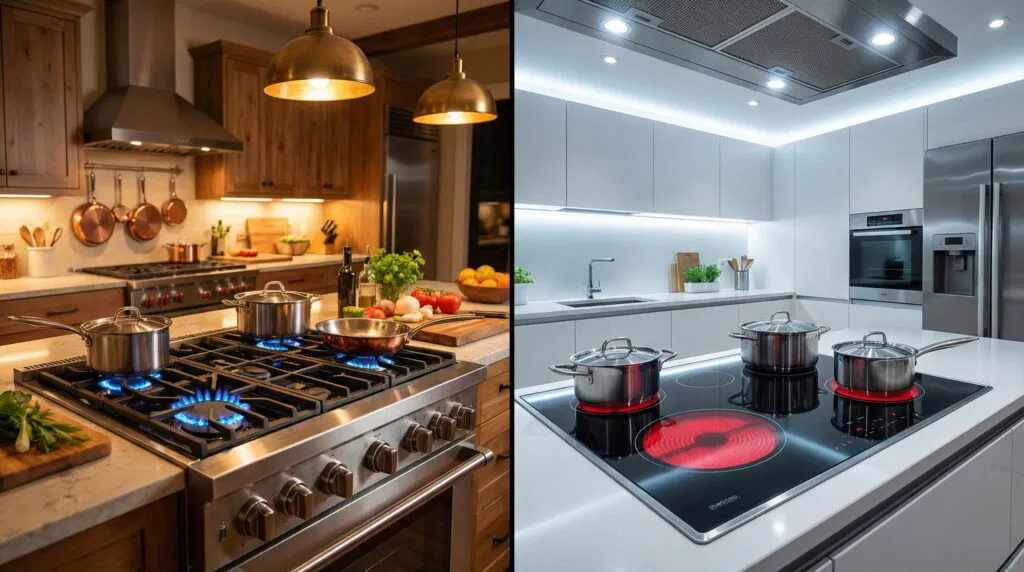 Natural gas stove with blue flames next to electric induction cooktop in a modern home kitchen