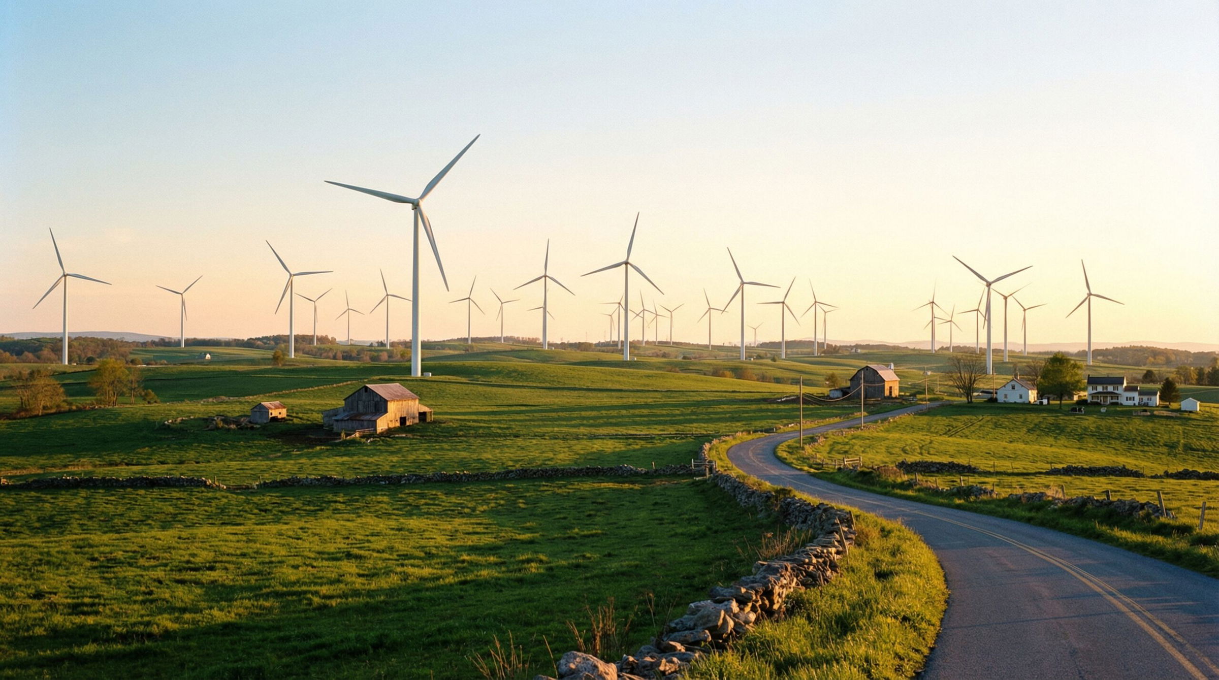 Renewable green energy wind turbines in Pennsylvania countryside 