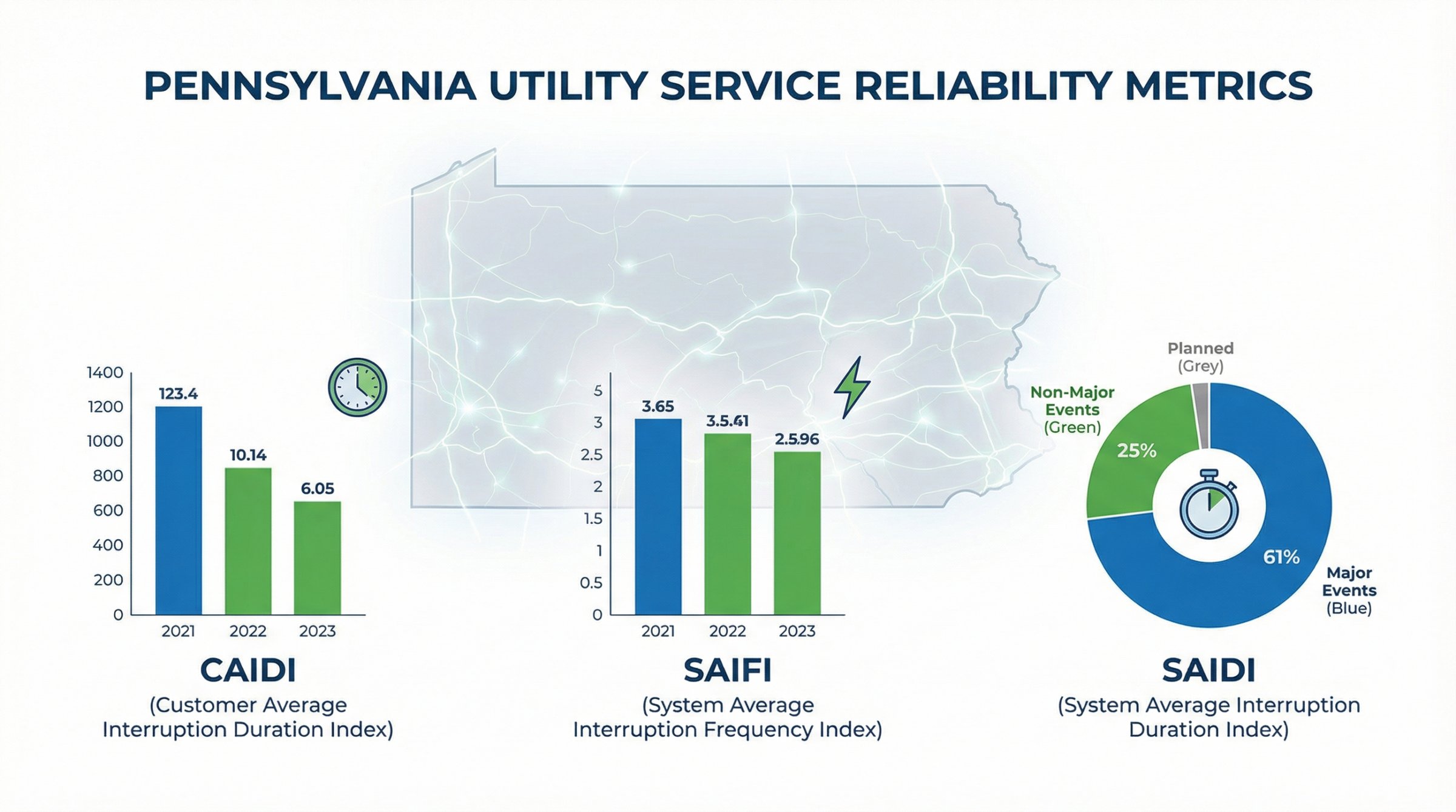Utility company performance metrics and reliability indices for Pennsylvania electricity providers