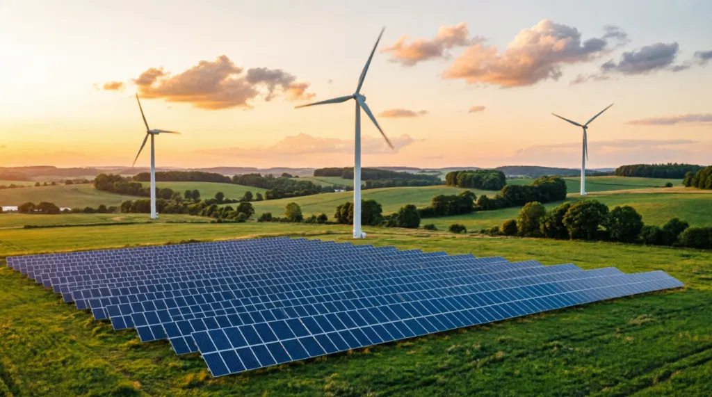 Aerial view of solar panels and wind turbines across a green landscape at golden hour