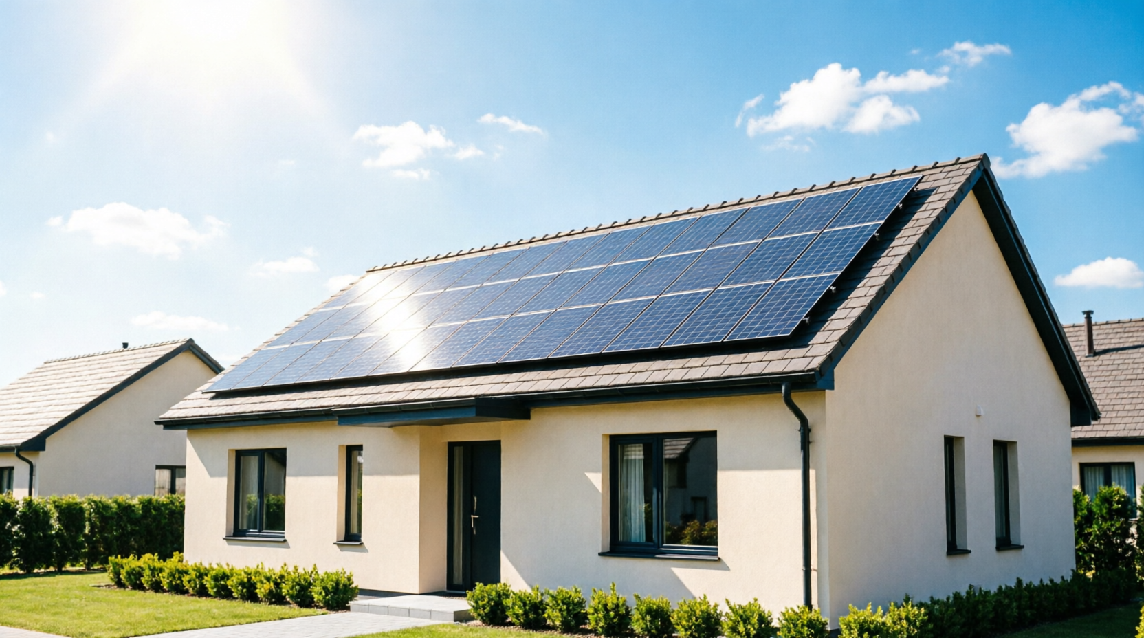 Residential rooftop solar panel array on a suburban home during a bright sunny day