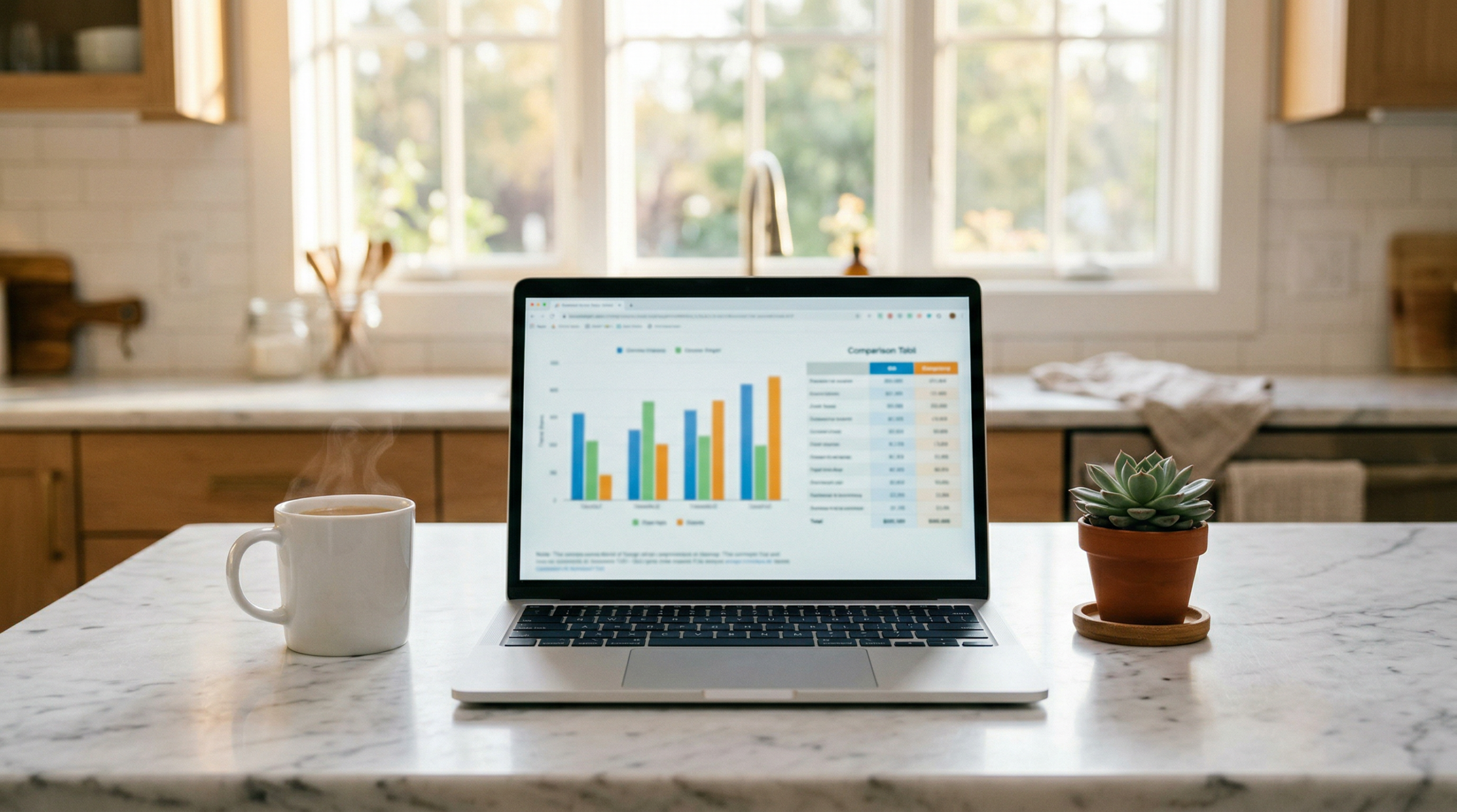Laptop displaying electricity rate comparison chart on a bright kitchen counter in a Pennsylvania home