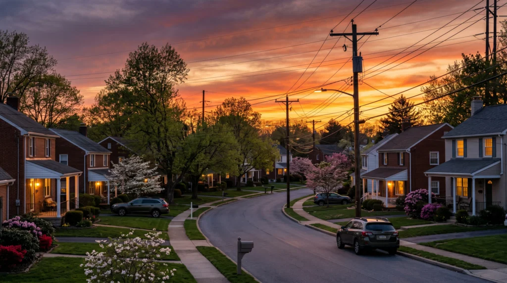 Homes in Pennsylvania showing electricity usage at sunset