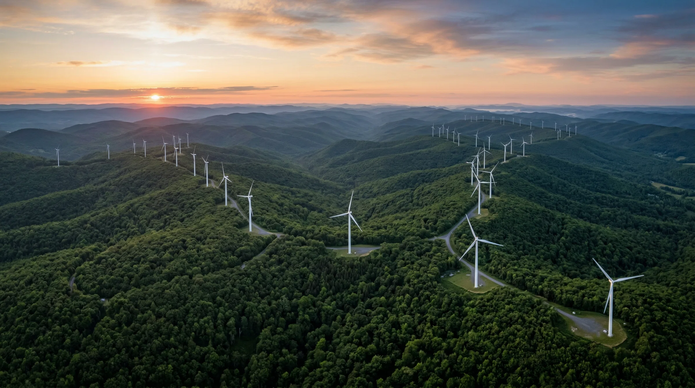 Green energy wind farm in Pennsylvania's Appalachian Mountains supporting renewable electricity