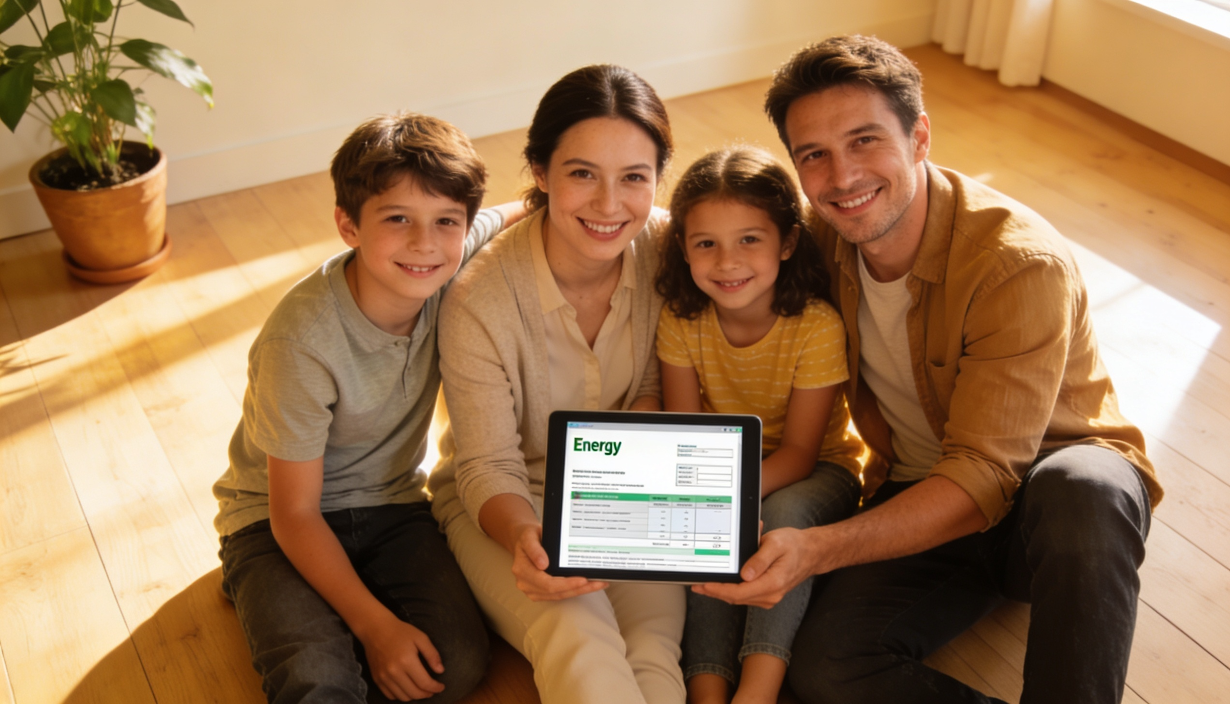 Family checking energy savings at home