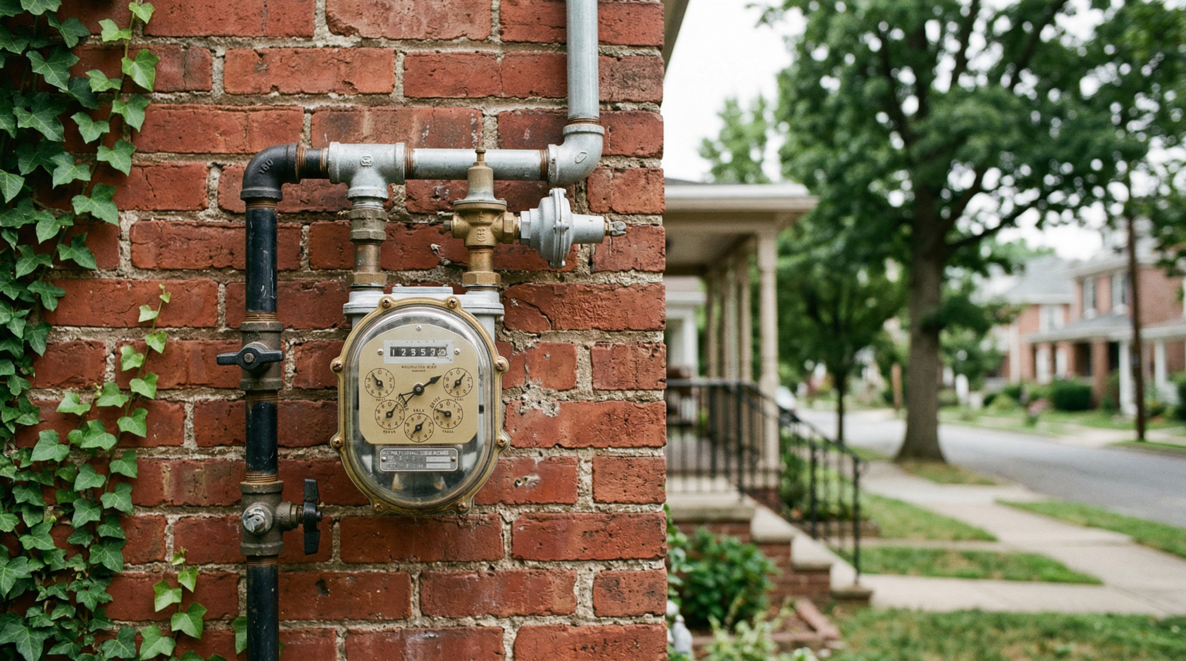 Close-up of a natural gas meter on the brick exterior wall of a Pennsylvania residential home