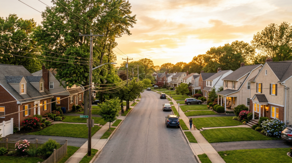 Energy service providers in Pennsylvania serving a suburban neighborhood at golden hour