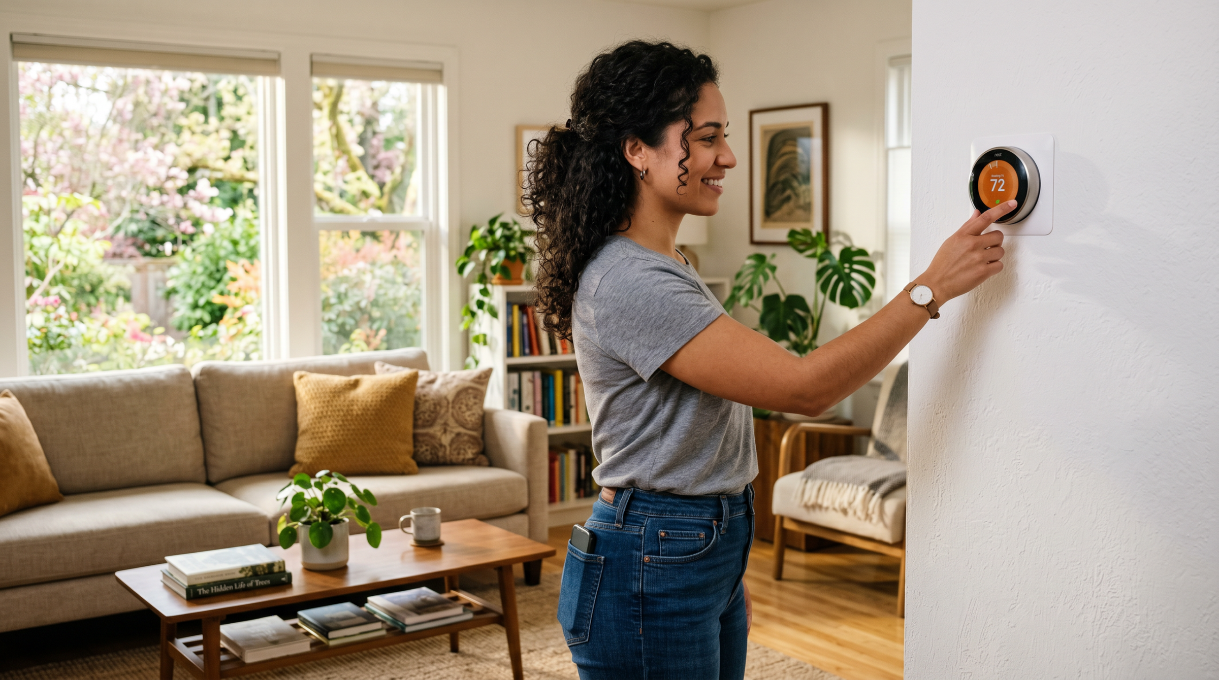 Person managing home energy usage with thermostat