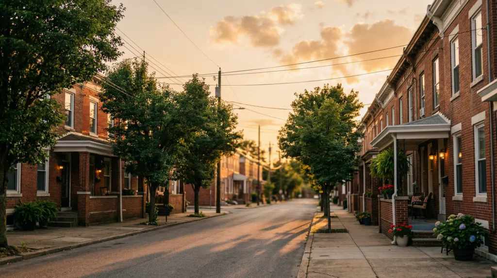 Charming Pennsylvania residential street with brick row homes and power lines during golden hour sunset